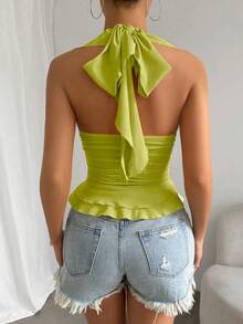 Glamine 女士性感度假风极简纯色深V领荷叶边装饰露背系带修身上衣，夏季 - 綠色 - 查看 2