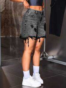 SHEIN Tall 女士休闲做旧毛边牛仔短裤，带口袋 - 灰色 - 查看 4