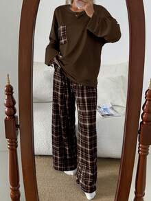 SHEIN Women's Casual Loose Plaid Print Round Neck Pajama Set - Coffee Brown - View 3