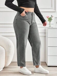 SHEIN Cottnline Plus Size Solid Color Slant Pocket Casual Alternative Versatile Jeans Formal Evening Grey Summer - Light Grey - View 6