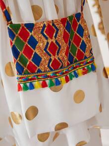 Tween Girl White Summer Boho Christening Shiny Smooth Fabric Top With Metallic Polka Dot & Colorblock Geometric Print,Paired With Wide Leg Pants Set - Multicolor - View 8