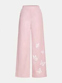 SHEIN Tween Girls Woven Butterfly Placement Print Loose Wide Leg Black Casual Pants, Suitable For Spring Outing, Countryside, Afternoon Tea In The Garden, Casual Outings, Back To School, Mommy And Me Matching Outfits - Baby Pink - View 7