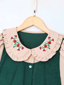 SHEIN 少女可爱彼得潘领刺绣撞色连衣裙 - 墨綠色 - 查看 5