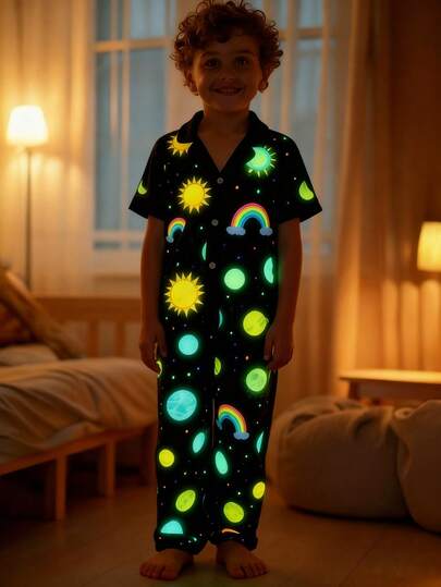 Young BoyColorful Galaxy, Sun, Neon Print Glow-In-The-Dark Collar Cardigan Short Sleeve Pajama Set