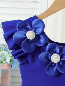 Elladie kids 女童白色连衣裙，饰有3D串珠花朵，收腰A字廓形，适合生日派对和夏季穿着。 - 寶藍色 - 查看 6