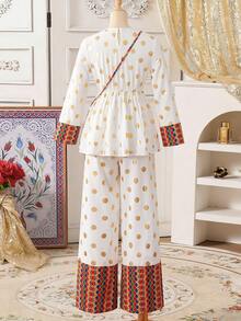 Tween Girl White Summer Boho Christening Shiny Smooth Fabric Top With Metallic Polka Dot & Colorblock Geometric Print,Paired With Wide Leg Pants Set - Multicolor - View 2