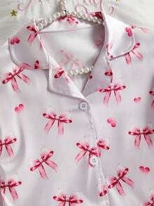 Tween Girls Pajamas-2 Piece Pajama Set Pink Bow Print Collared Long Sleeve Button Down Top Matching Long Pants Faux Fur Trim Cuff Hem Elastic Waist Cozy Sleepwear Loungewear All Season Holiday New Year 2026 Gift - Multicolor - View 6