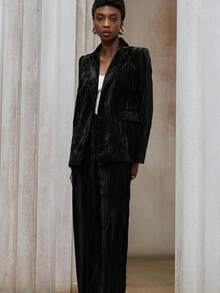 Aveloria Modichic 2pcs Women's Fashion Versatile Velvet Padded Shoulder Blazer Jacket And Casual Pants Set - Black - View 6