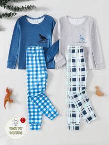 4 peças/2 conjuntos Conjunto de Pijama Infantil Masculino com Estampa de Dinossauro Azul e Cinza, Top de Manga Longa e Calça Legging Xadrez Clássica, Conjunto de 4 Peças, Roupa Casual e Confortável para Outono/Inverno - Multicolorido - Visão 4
