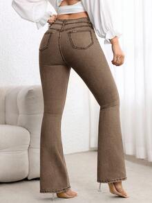 SHEIN Tall Casual Washed High Waist Flare Leg Jeans - Coffee Brown - View 4