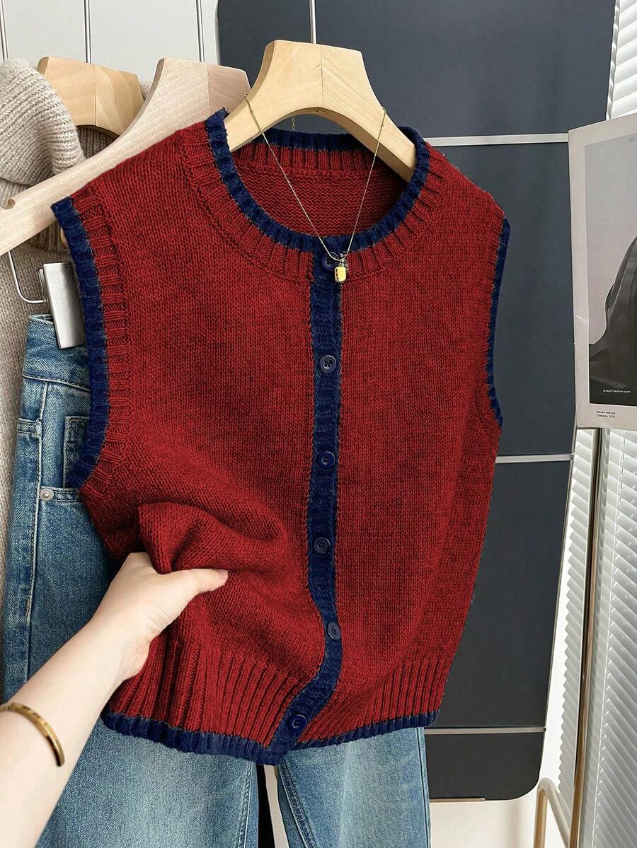 Franclia French Retro Loose Round Neck Sleeveless Contrast Trim Khaki Women Sweater Vest, Suitable For Autumn/Winter Women Outfits - Red - View 1