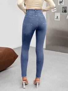 EURMUSE SOLID COLOR SLANT POCKET HIGH WAIST CASUAL STYLE DENIM JEANS - Light Wash - View 2