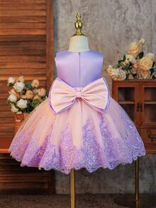 Glamorique Kids 四季皆宜的女婴花童婚礼礼服，无袖蕾丝薄纱裙，紫色和粉色撞色蝴蝶结露背优雅公主裙