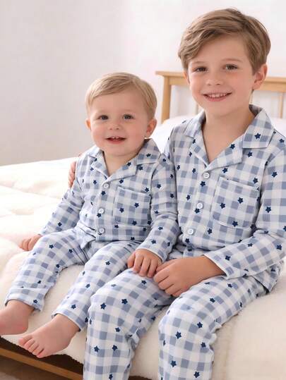 2件套蓝色绅士格子长袖休闲舒适男童睡衣套装