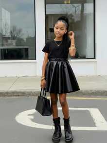 Sparklyn 复古法式女童PU皮革高腰百褶裙，时尚百搭 - 黑色 - 查看 3