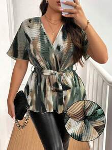 Vionelle Plus Size Tie Dye Elastic Pleated Fabric V-Neck Short Sleeve Flare Sleeve Cinched Waist Hem Blouse For Women Vacation Summer Top V Neck Blouses For Women Women Vacation Outfit Sets Wrap Tops For Women Women Summer Blouse Top Sexy Blouse For Women - Green - View 1