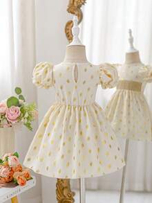 SHEIN Glamorique Kids Baby Girls' Elegant Champagne Gold Foil Puff Sleeve Round Neck Cinched Waist Luxurious Ruffle Hem Dress - Apricot - View 2