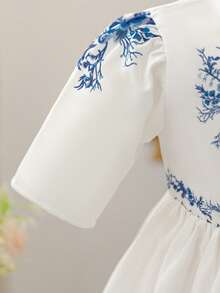 Glamorique Kids Baby Girl Vintage Casual Vacation Floral Print Puff Sleeve Cinched Waist Dress, Summer - Blue and White - View 5