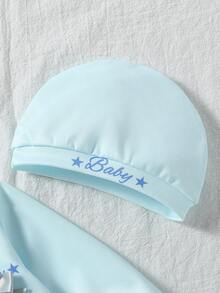 2pcs Baby Girls Newborn Knitted Elastic Double-Sided Flat Fabric Light Blue Beanie Hat & Long Sleeve Romper Set With Chest Flower, English Text & Cute Bow Accent - Baby Blue - View 7