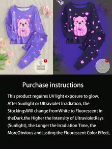 2pcs Baby Girls' Cute Bear & Heart Glow-In-The-Dark Print Bodysuit & Pants Pajama Set