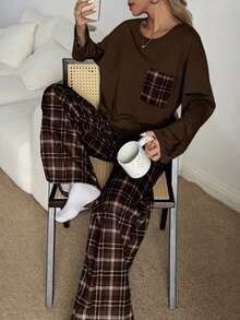 SHEIN Women's Casual Loose Plaid Print Round Neck Pajama Set - Coffee Brown - View 5