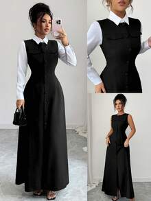 Elenzga 新款女士圆领无袖仿毛皮斜纹面料开襟假口袋A字春秋季休闲度假通勤百搭优雅长裙 - 黑色 - 查看 8