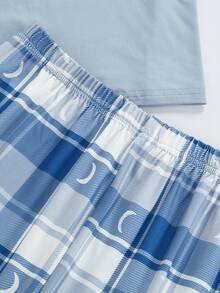 Teen Boys Dusty Blue Short Sleeve Plaid Pocket Regular Length Everyday Casual  Pajama Set - Dusty Blue - View 7