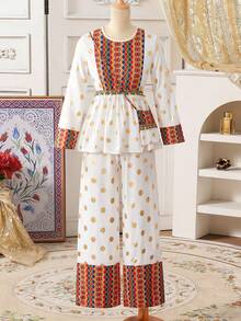 Tween Girl White Summer Boho Christening Shiny Smooth Fabric Top With Metallic Polka Dot & Colorblock Geometric Print,Paired With Wide Leg Pants Set - Multicolor - View 7