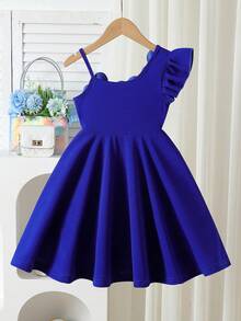 Elladie kids 女童白色连衣裙，饰有3D串珠花朵，收腰A字廓形，适合生日派对和夏季穿着。 - 寶藍色 - 查看 2