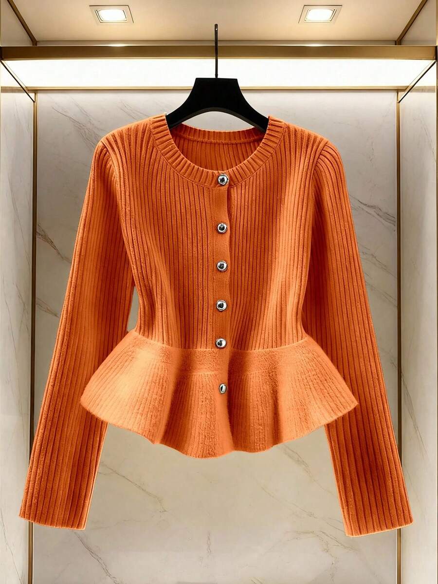 SHEIN LUNE 休闲纯色荷叶边针织开衫,适合通勤和秋冬季穿着 - 橘色 - 查看 1