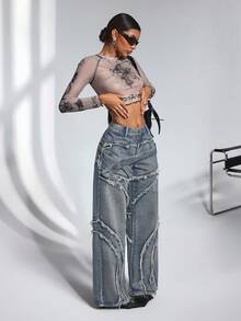 Jeanoix Jeans anchos de pierna casual lavados y deshilachados para mujer - Azul - Ver 6