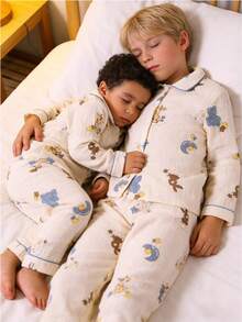 Young Boy 2pcs Beige Soft Fabric Animal Print Lapel Shirt And Casual Pants Loungewear Set - Multicolor - View 6