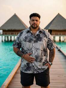 Manfinity Swimmode Bộ đồ đi biển mùa hè dành cho nam giới cỡ lớn, gồm áo sơ mi ngắn tay cài cúc phía trước in họa tiết hoa và quần short. - Nhiều màu - Xem 4