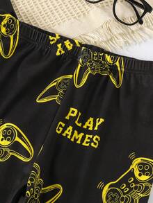 2件套青少年男童夜光游戏手柄印花修身长袖睡衣套装 - 黃色 - 查看 6