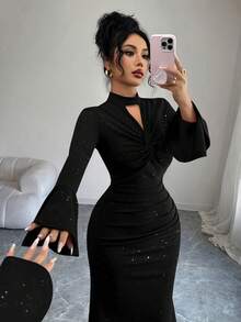 Elenzga New V-Neck Textured Metallic Twist Front Flare Sleeve Dress, Elegant & Versatile For Vacation, Casual Daily Wear, Autumn/Winter - Black - View 6