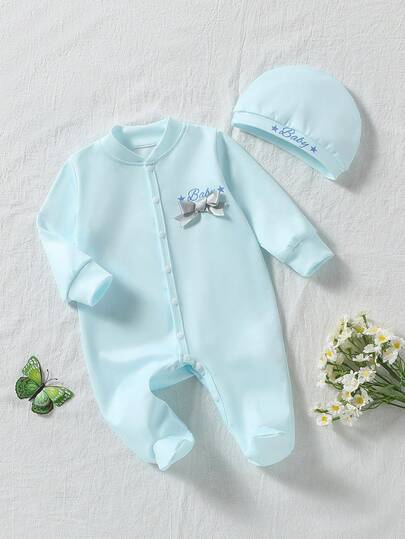 2pcs Baby Girls Newborn Knitted Elastic Double-Sided Flat Fabric Light Blue Beanie Hat & Long Sleeve Romper Set With Chest Flower, English Text & Cute Bow Accent