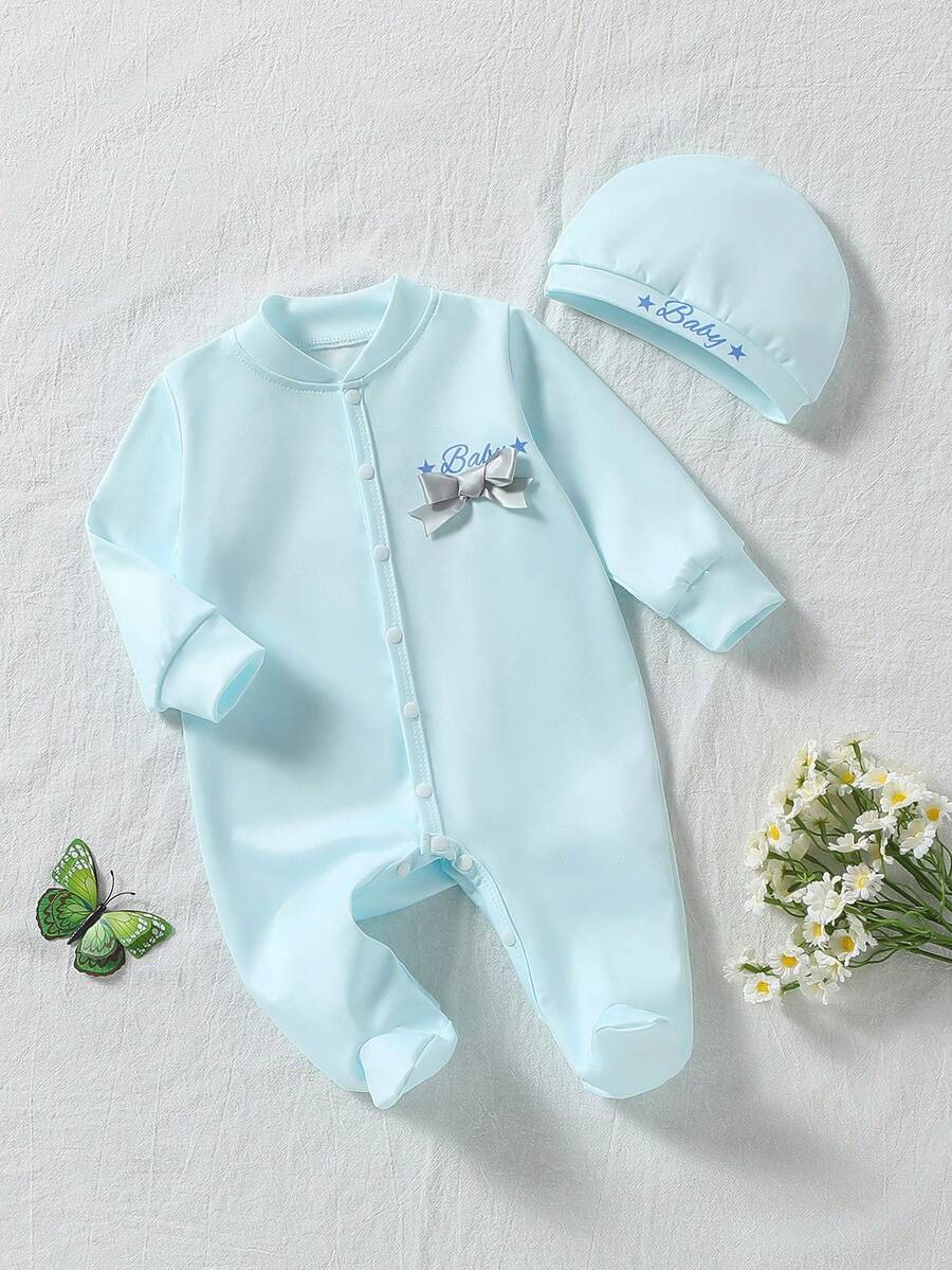 2pcs Baby Girls Newborn Knitted Elastic Double-Sided Flat Fabric Light Blue Beanie Hat & Long Sleeve Romper Set With Chest Flower, English Text & Cute Bow Accent - Baby Blue - View 1