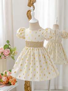 SHEIN Glamorique Kids Baby Girls' Elegant Champagne Gold Foil Puff Sleeve Round Neck Cinched Waist Luxurious Ruffle Hem Dress - Apricot - View 8