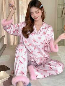 Tween Girls Pajamas-2 Piece Pajama Set Pink Bow Print Collared Long Sleeve Button Down Top Matching Long Pants Faux Fur Trim Cuff Hem Elastic Waist Cozy Sleepwear Loungewear All Season Holiday New Year 2026 Gift - Multicolor - View 3