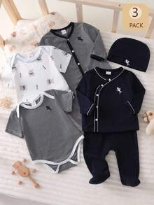 Newborn Baby Pajama Set, Striped & Cartoon Bear Print Bodysuit, Hat, Top And Pants - Royal Blue - View 9