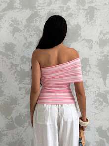 Glamine Women's Summer Vacation Asymmetric Neck One Shoulder Pleated Fitted Striped Sleeveless Top Striped Tube Top - Pink - View 2