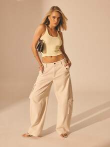 Aralina 女士低腰低腰奶油色牛仔工装裤，带口袋，宽松裤，阔腿裤 - 杏色 - 查看 3