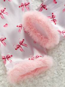 Tween Girls Pajamas-2 Piece Pajama Set Pink Bow Print Collared Long Sleeve Button Down Top Matching Long Pants Faux Fur Trim Cuff Hem Elastic Waist Cozy Sleepwear Loungewear All Season Holiday New Year 2026 Gift - Multicolor - View 7