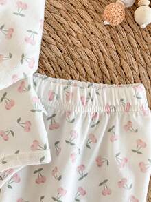 3pcs Newborn Baby Girls Cherry Print Outfit Set - Cherry Embroidered Smile Footie Pants And Headband - White - View 8