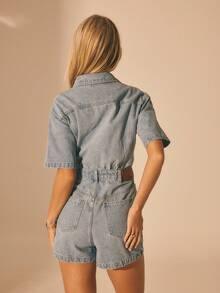 Aralina 女士夏季/冬季牛仔休闲短袖连体裤，女士沙滩装，Y2K斯德哥尔摩风格街头服饰 - 深色水洗藍 - 查看 2