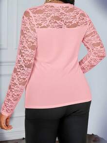 SHEIN Lady 春夏秋冬蕾丝粉色针织圆领长袖撞色网眼大码T恤 万圣节大码服装 - 粉色 - 查看 2