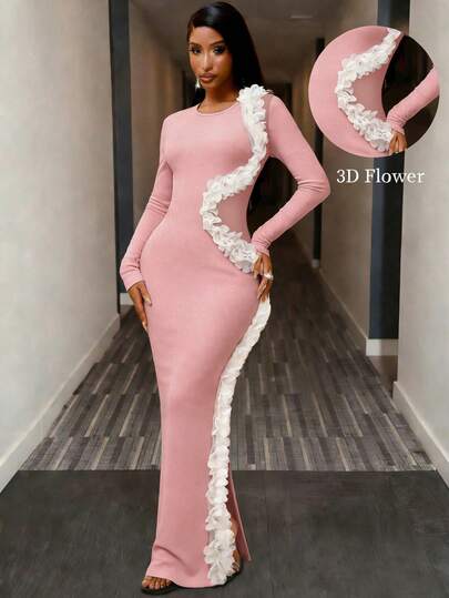 Lureya Women's Fashion Round Neck Asymmetrical Long Sleeve 3D Floral Decor Patchwork Sexy Bodycon Mini Dress With Mesh Inserts Slay Diva Dress Long Bodycon Dress Curve Birthday Dress Long Pink Dress Long Sleeve Elegant Dress