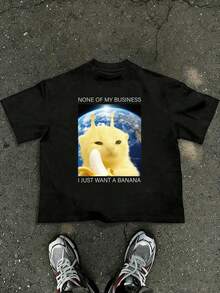 Manfinity Hypemode Men's Cartoon & Letter Print Round Neck Short Sleeve T-Shirt - Black - View 1