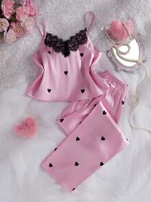 女童优雅黑色爱心蕾丝拼接柔软缎面吊带背心和长裤两件套睡衣 - 彩色 - 查看 1