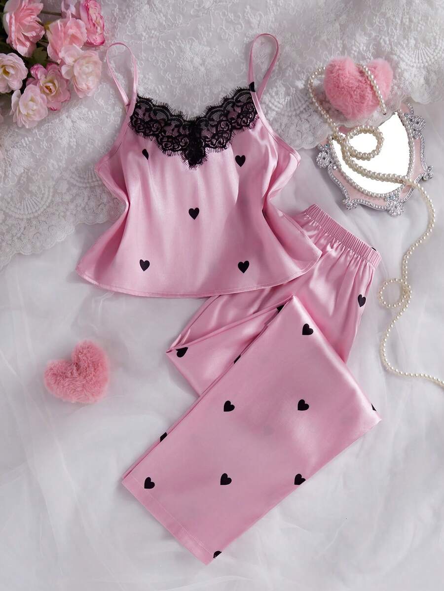 女童优雅黑色爱心蕾丝拼接柔软缎面吊带背心和长裤两件套睡衣 - 彩色 - 查看 1